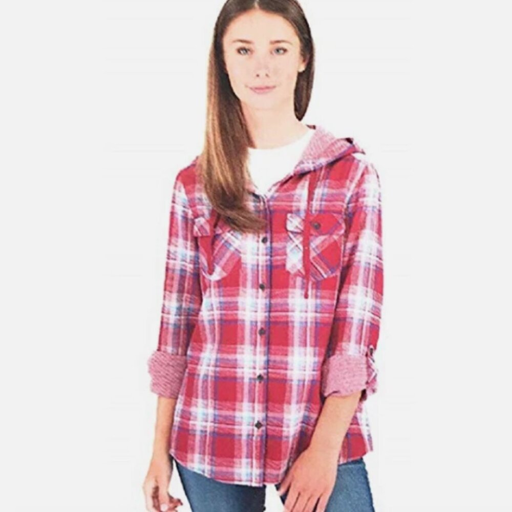 Boston Traders Hoodie Button Down Top Womens XL Plaid Roll Tab‎ Sleeves DAMAGE